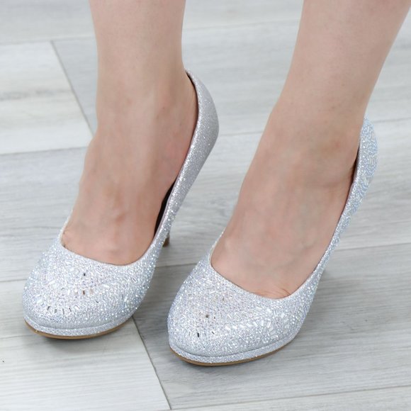 Silver Sparkly Rhinestone Glitter Diamond Platform Slip On Close Toe High Heel - Picture 4 of 16